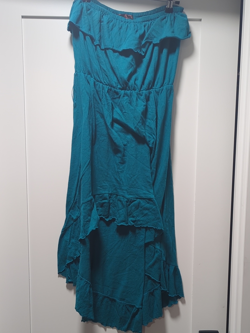 Almost Famous Teal Off-Shoulder High-Low Ruffle Dress